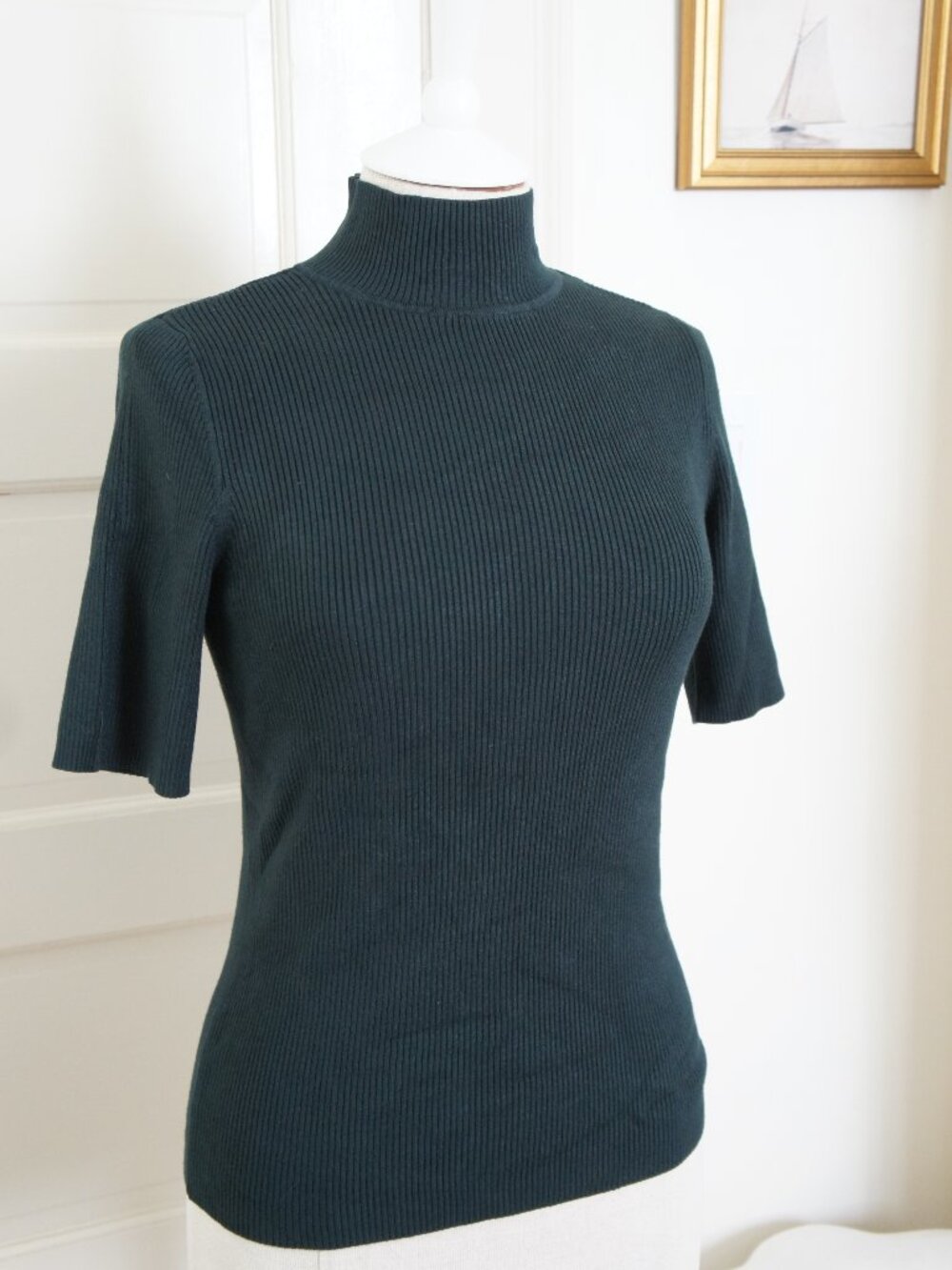 Ellen Tracy Dark Green Fitted Ribbed Mock Neck Size Medium
